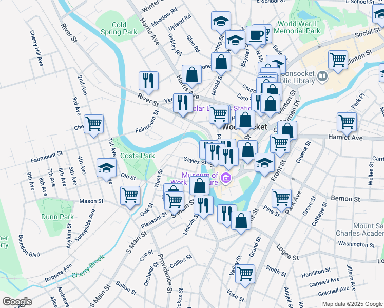 map of restaurants, bars, coffee shops, grocery stores, and more near 52 Northeast Street in Woonsocket