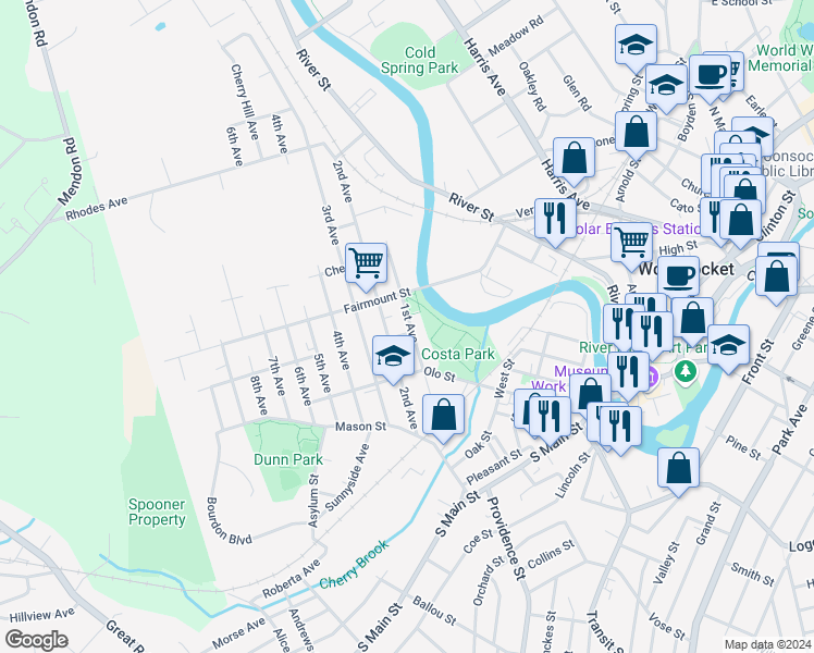 map of restaurants, bars, coffee shops, grocery stores, and more near 118 1st Avenue in Woonsocket