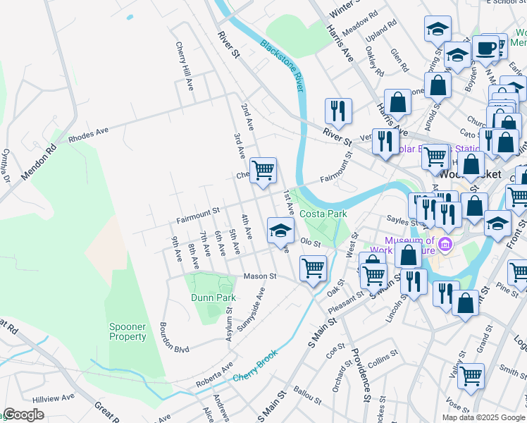 map of restaurants, bars, coffee shops, grocery stores, and more near 239 3rd Avenue in Woonsocket