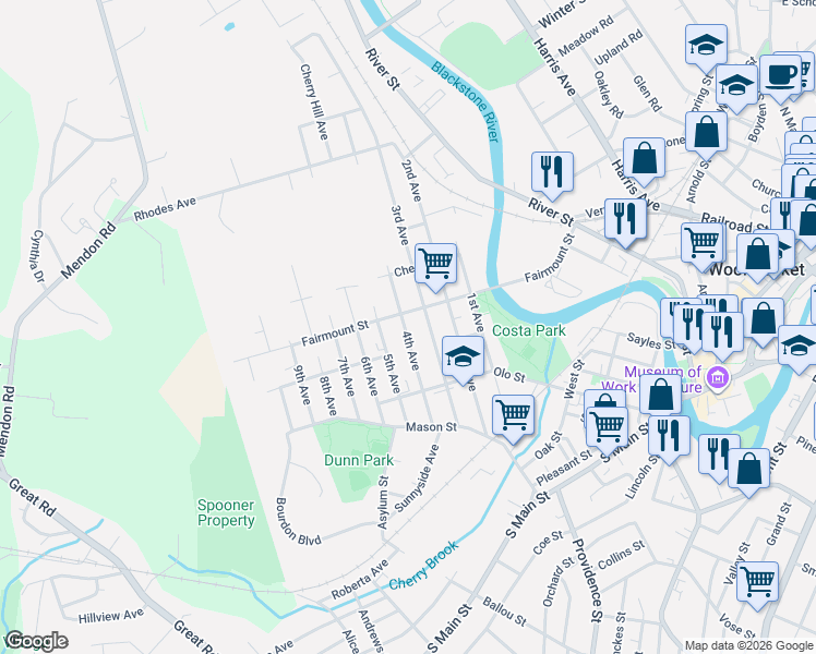 map of restaurants, bars, coffee shops, grocery stores, and more near 242 4th Avenue in Woonsocket