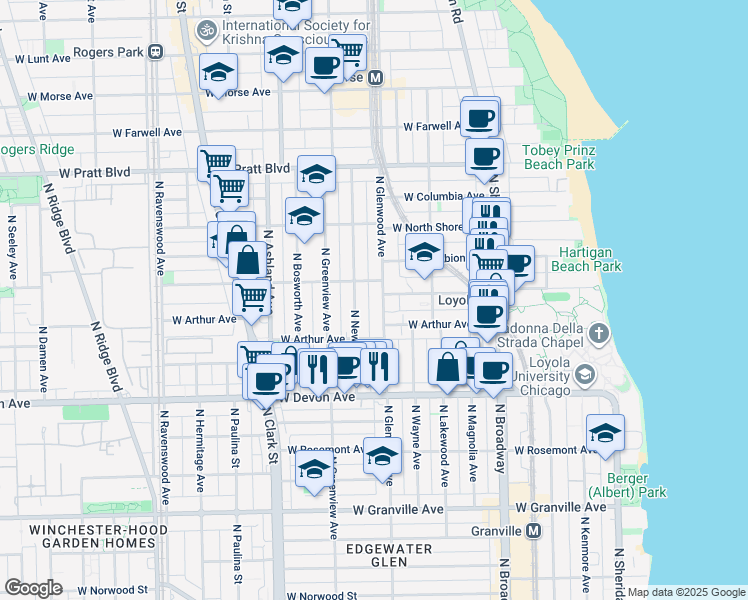 map of restaurants, bars, coffee shops, grocery stores, and more near 6552 North Glenwood Avenue in Chicago