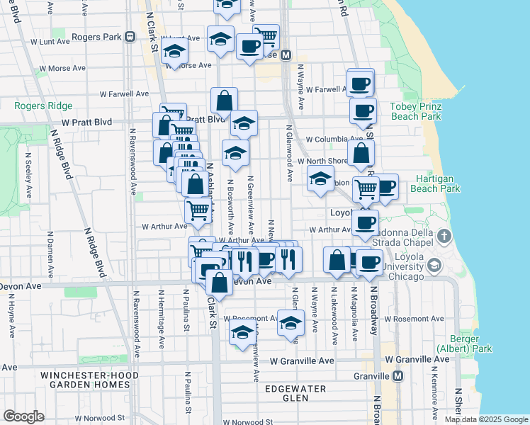 map of restaurants, bars, coffee shops, grocery stores, and more near 1439 West Albion Avenue in Chicago