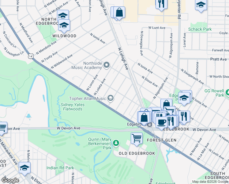 map of restaurants, bars, coffee shops, grocery stores, and more near 6643 North Leoti Avenue in Chicago