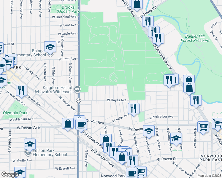 map of restaurants, bars, coffee shops, grocery stores, and more near 6549 North Nordica Avenue in Chicago