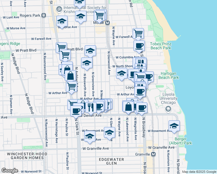 map of restaurants, bars, coffee shops, grocery stores, and more near 6540 North Glenwood Avenue in Chicago
