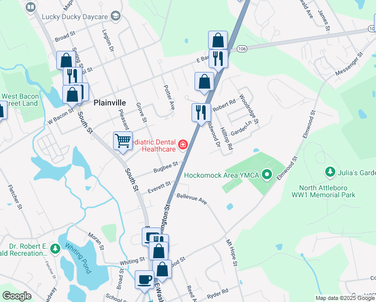 map of restaurants, bars, coffee shops, grocery stores, and more near 16 Washington Street in Plainville