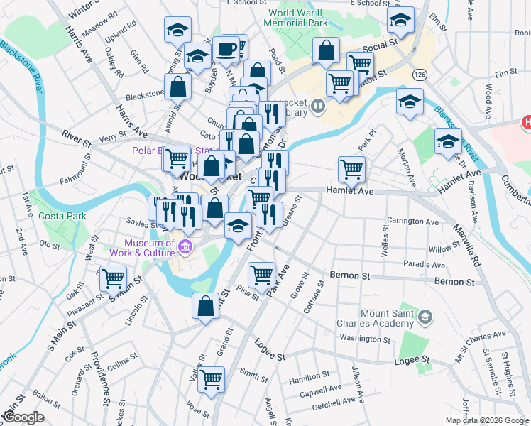 map of restaurants, bars, coffee shops, grocery stores, and more near 119 Front Street in Woonsocket