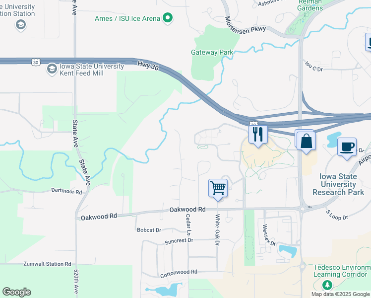 map of restaurants, bars, coffee shops, grocery stores, and more near 2230 Timberland Road in Ames