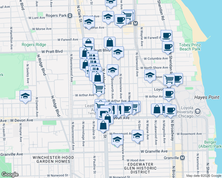 map of restaurants, bars, coffee shops, grocery stores, and more near 6544 North Bosworth Avenue in Chicago