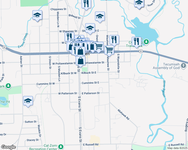 map of restaurants, bars, coffee shops, grocery stores, and more near 212 Kilbuck Street East in Tecumseh