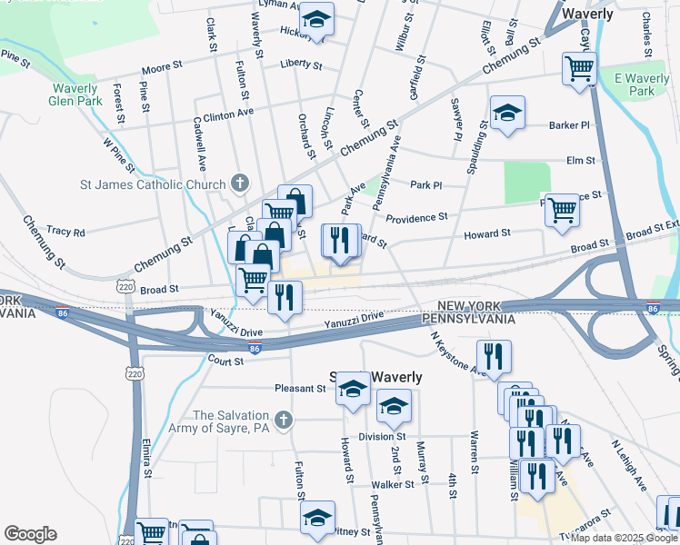 map of restaurants, bars, coffee shops, grocery stores, and more near 1 De Pumpo Lane in Waverly