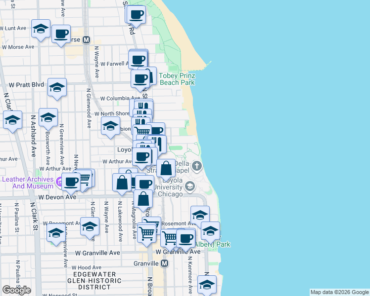 map of restaurants, bars, coffee shops, grocery stores, and more near 1033 West Loyola Avenue in Chicago