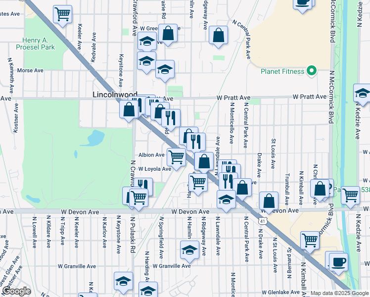 map of restaurants, bars, coffee shops, grocery stores, and more near 6619 U.S. 41 in Lincolnwood