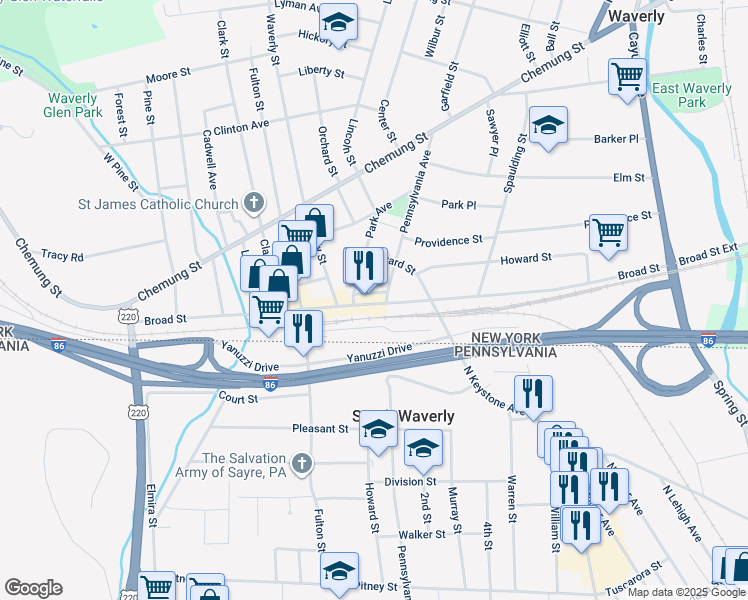 map of restaurants, bars, coffee shops, grocery stores, and more near 379 Broad Street in Waverly