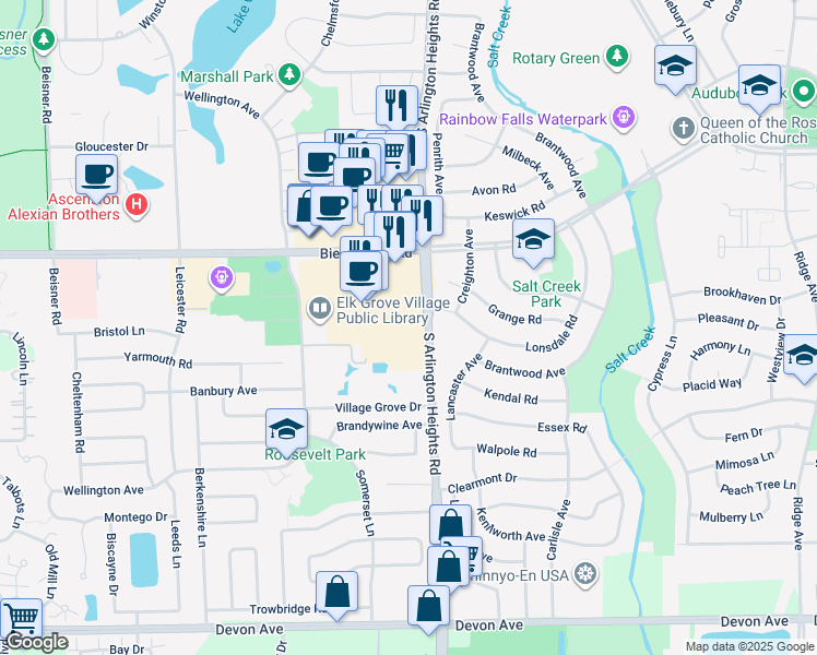 map of restaurants, bars, coffee shops, grocery stores, and more near 960 Elk Grove Town Center in Elk Grove Village