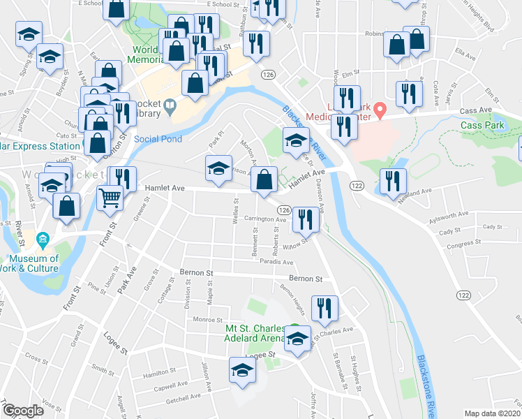 map of restaurants, bars, coffee shops, grocery stores, and more near 45 Bennett Street in Woonsocket