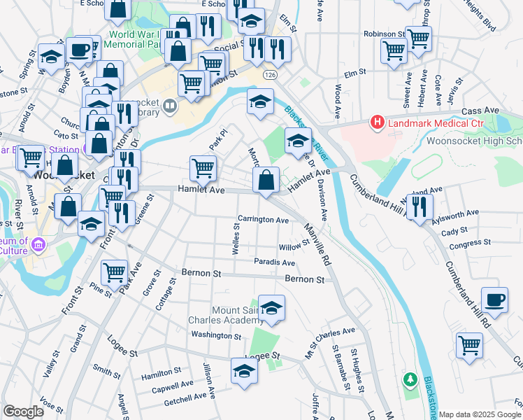 map of restaurants, bars, coffee shops, grocery stores, and more near 75 Manville Road in Woonsocket