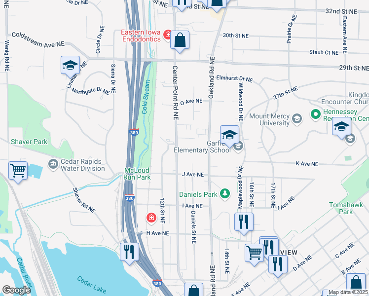 map of restaurants, bars, coffee shops, grocery stores, and more near 1317 L Avenue Northeast in Cedar Rapids