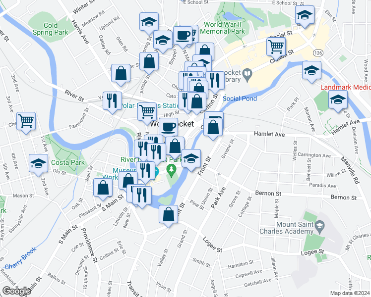 map of restaurants, bars, coffee shops, grocery stores, and more near 110 Allen Street in Woonsocket