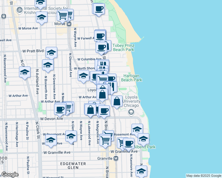 map of restaurants, bars, coffee shops, grocery stores, and more near 1125 West Loyola Avenue in Chicago