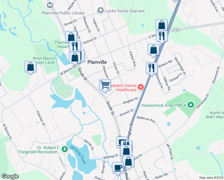 map of restaurants, bars, coffee shops, grocery stores, and more near 12 Pleasant Street in Plainville