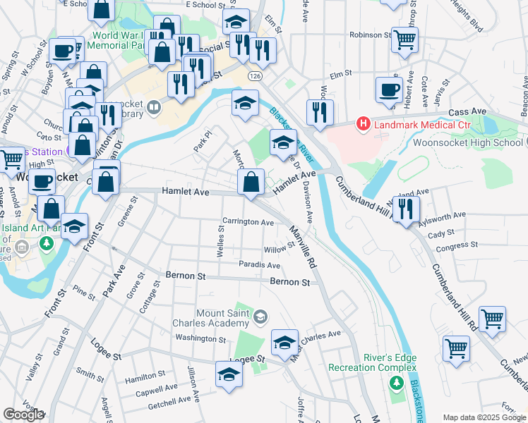 map of restaurants, bars, coffee shops, grocery stores, and more near 75 Manville Road in Woonsocket