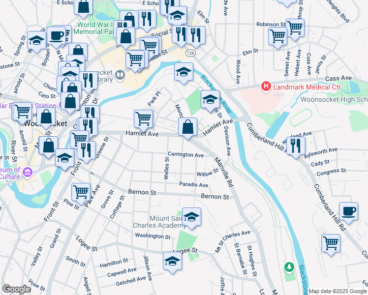 map of restaurants, bars, coffee shops, grocery stores, and more near 75 Manville Road in Woonsocket