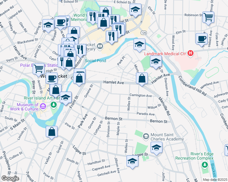 map of restaurants, bars, coffee shops, grocery stores, and more near 42 Grove Street in Woonsocket