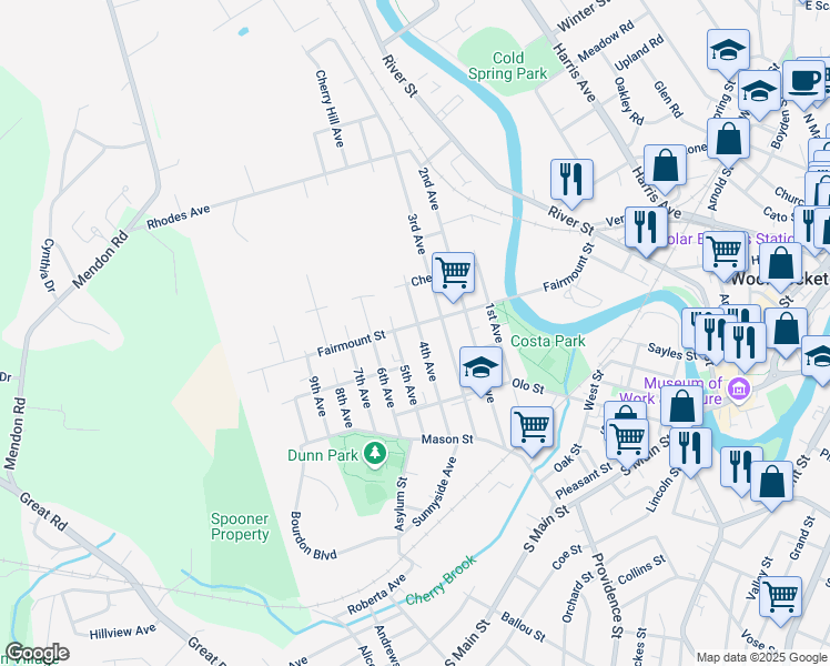 map of restaurants, bars, coffee shops, grocery stores, and more near 242 4th Avenue in Woonsocket