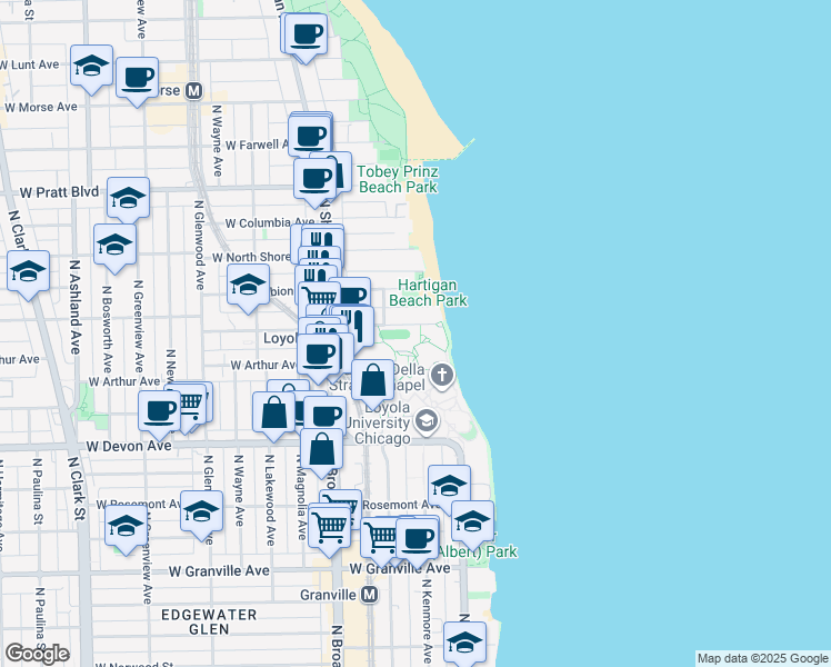 map of restaurants, bars, coffee shops, grocery stores, and more near 1026 West Loyola Avenue in Chicago