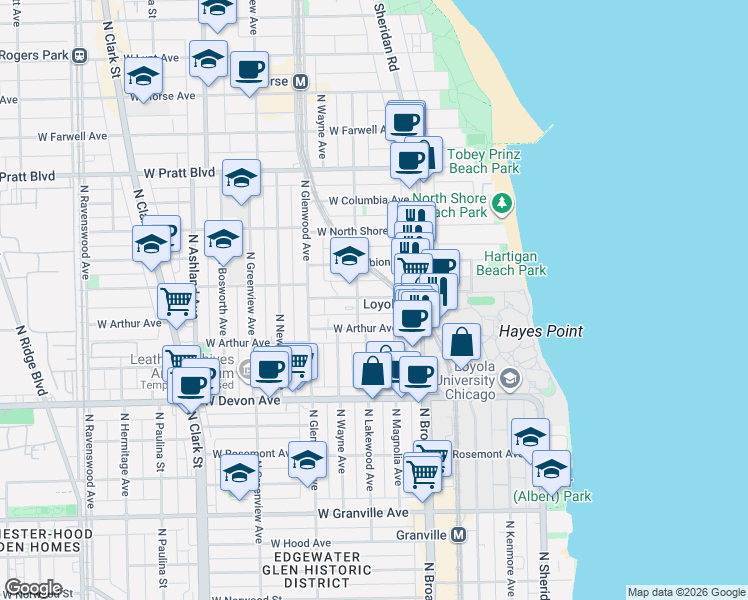 map of restaurants, bars, coffee shops, grocery stores, and more near 1254 West Loyola Avenue in Chicago