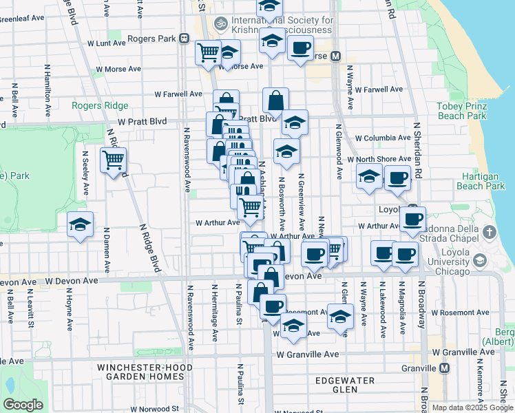 map of restaurants, bars, coffee shops, grocery stores, and more near 6556 North Ashland Avenue in Chicago