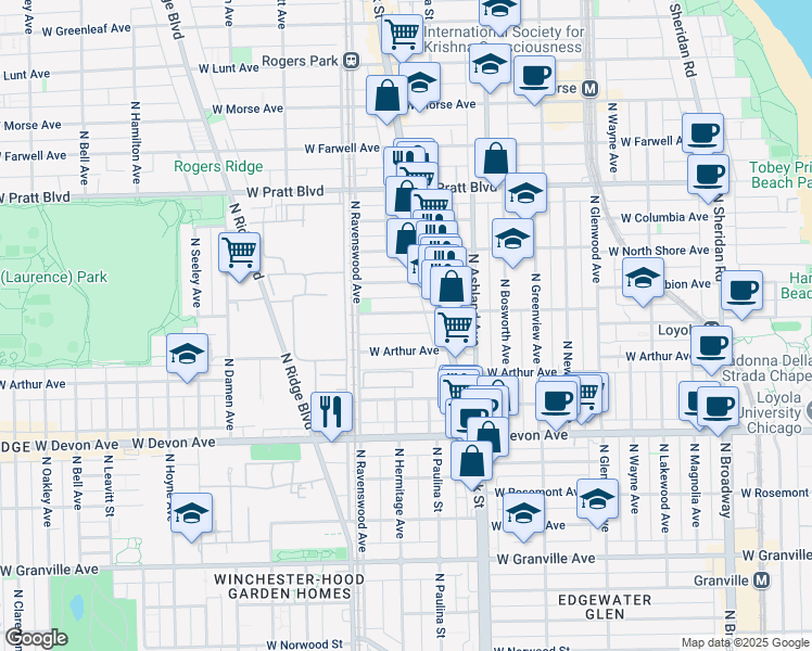 map of restaurants, bars, coffee shops, grocery stores, and more near 1729 West Albion Avenue in Chicago