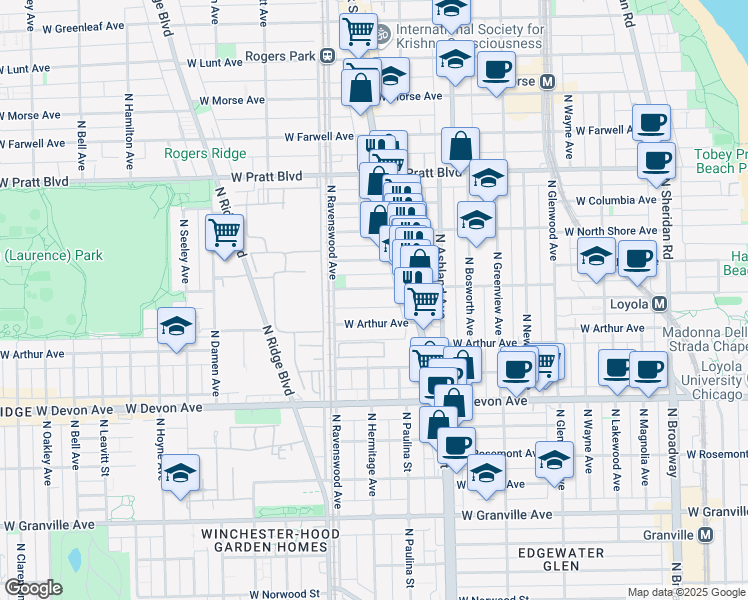 map of restaurants, bars, coffee shops, grocery stores, and more near 1729 West Albion Avenue in Chicago