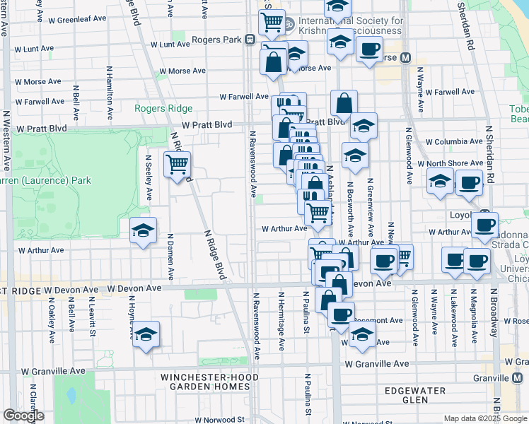 map of restaurants, bars, coffee shops, grocery stores, and more near 6557 North Ravenswood Avenue in Chicago