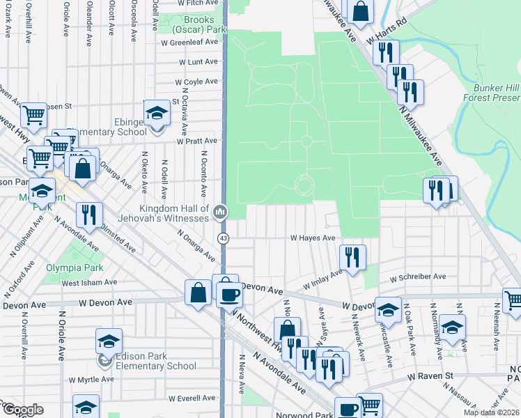 map of restaurants, bars, coffee shops, grocery stores, and more near 6549 North Nixon Avenue in Chicago