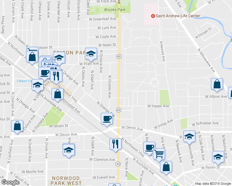 map of restaurants, bars, coffee shops, grocery stores, and more near 6620 North Harlem Avenue in Chicago