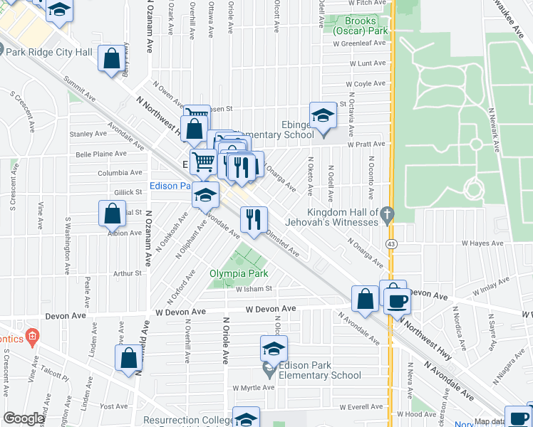 map of restaurants, bars, coffee shops, grocery stores, and more near 6650 North Northwest Highway in Chicago