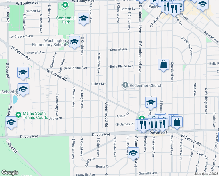 map of restaurants, bars, coffee shops, grocery stores, and more near 733 South Greenwood Avenue in Park Ridge
