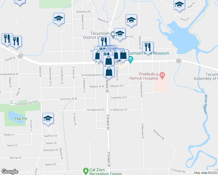 map of restaurants, bars, coffee shops, grocery stores, and more near 102 Kilbuck Street East in Tecumseh