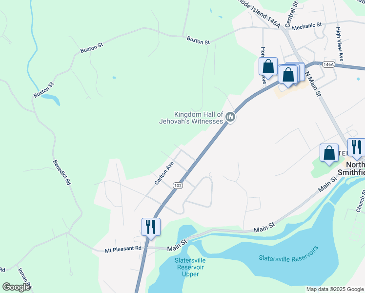 map of restaurants, bars, coffee shops, grocery stores, and more near 45 Belcher Avenue in North Smithfield