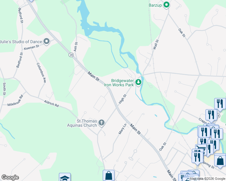 map of restaurants, bars, coffee shops, grocery stores, and more near 509 South Main Street in Bridgewater