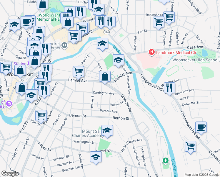 map of restaurants, bars, coffee shops, grocery stores, and more near 87 Manville Road in Woonsocket