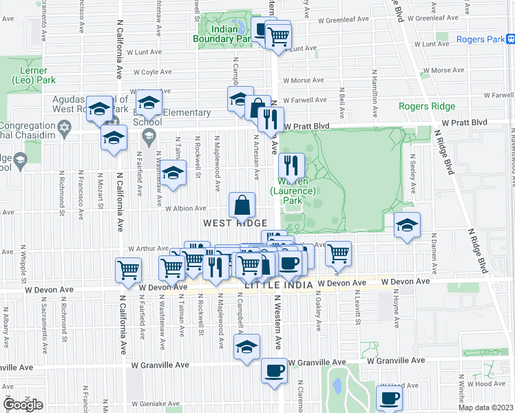 map of restaurants, bars, coffee shops, grocery stores, and more near N Artesian Ave & W Albion Ave in Chicago