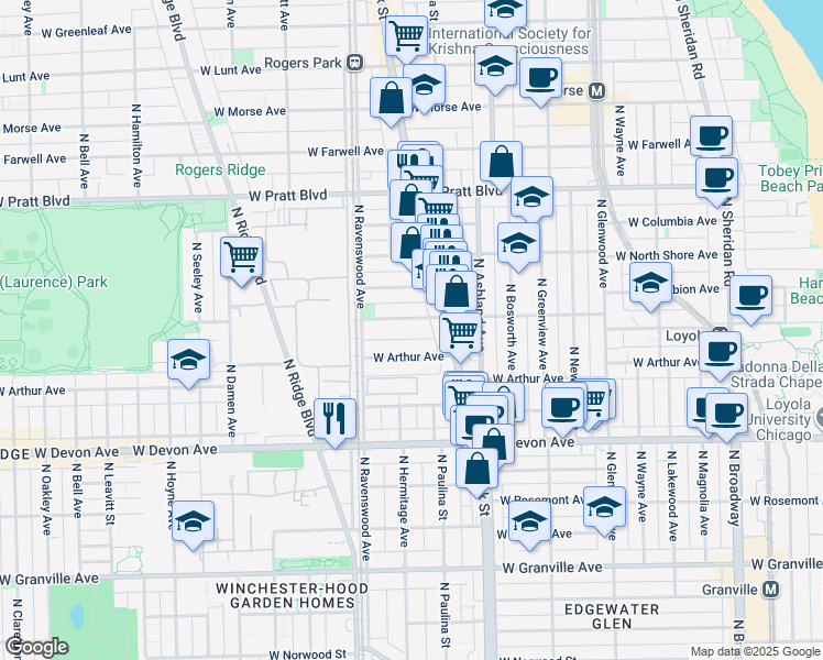 map of restaurants, bars, coffee shops, grocery stores, and more near 1729 West Albion Avenue in Chicago