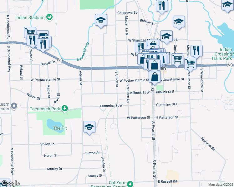 map of restaurants, bars, coffee shops, grocery stores, and more near 401 Kilbuck St W in Tecumseh