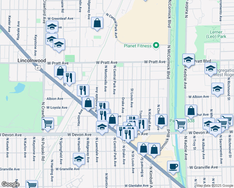 map of restaurants, bars, coffee shops, grocery stores, and more near 6625 North Central Park Avenue in Lincolnwood