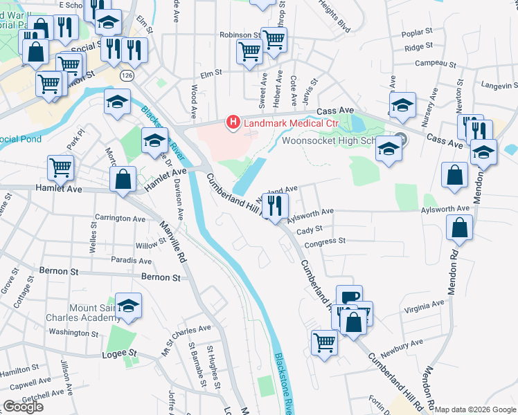 map of restaurants, bars, coffee shops, grocery stores, and more near 366 Cumberland Hill Road in Woonsocket