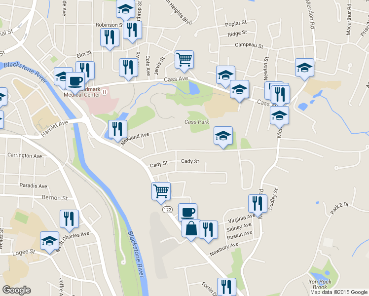map of restaurants, bars, coffee shops, grocery stores, and more near 222 Aylsworth Avenue in Woonsocket