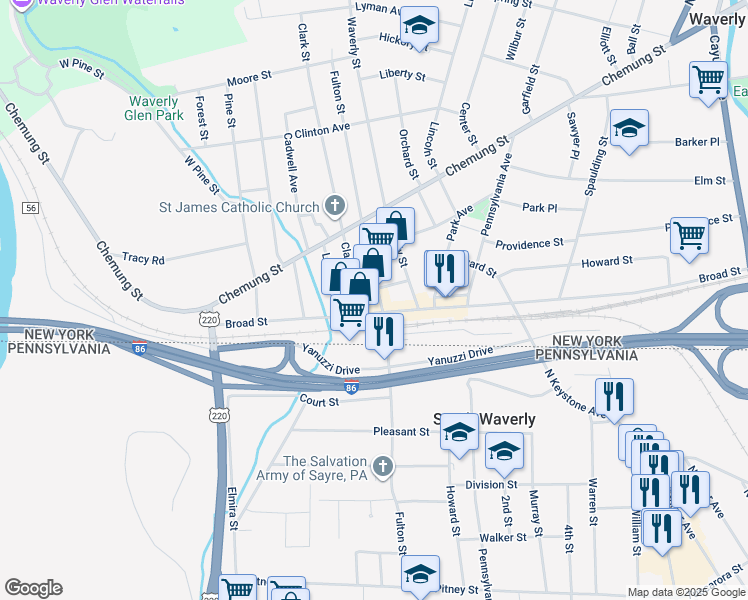 map of restaurants, bars, coffee shops, grocery stores, and more near 425 Fulton Street in Waverly